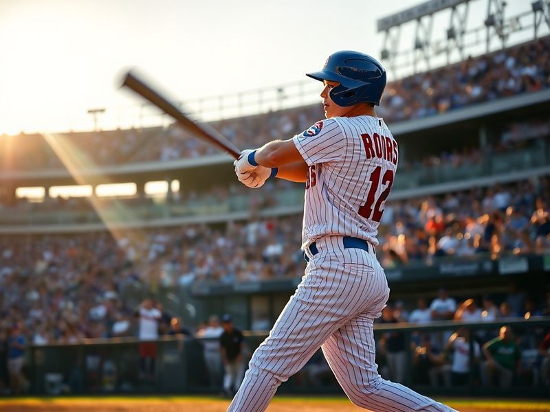 A split-screen image of Wrigley Field and Dodger Stadium at night, with a baseball in mid-air between the two iconic ballpark