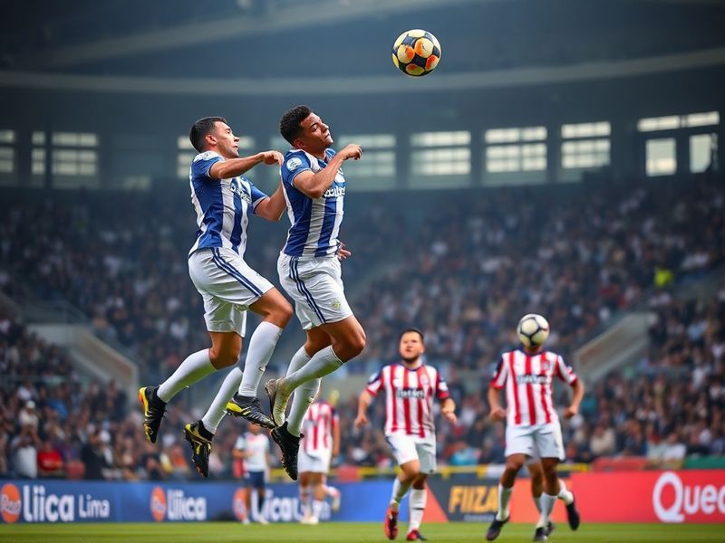 A vibrant matchday scene at Estadio Miguel Grau in Callao, with Atlético Grau players celebrating a goal against Alianza Lima