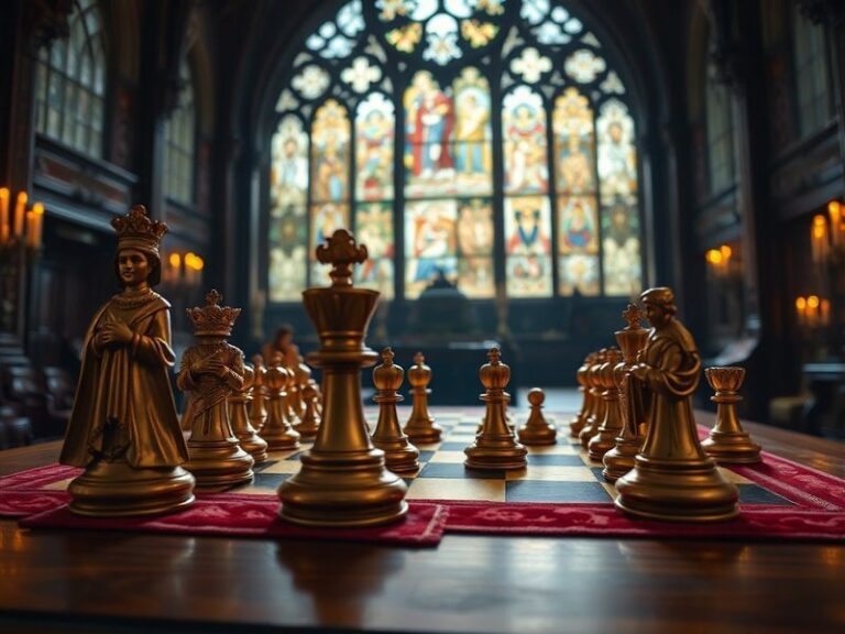 A stylized promotional image of the game's interface, featuring a royal court theme with players strategizing in a vibrant, m