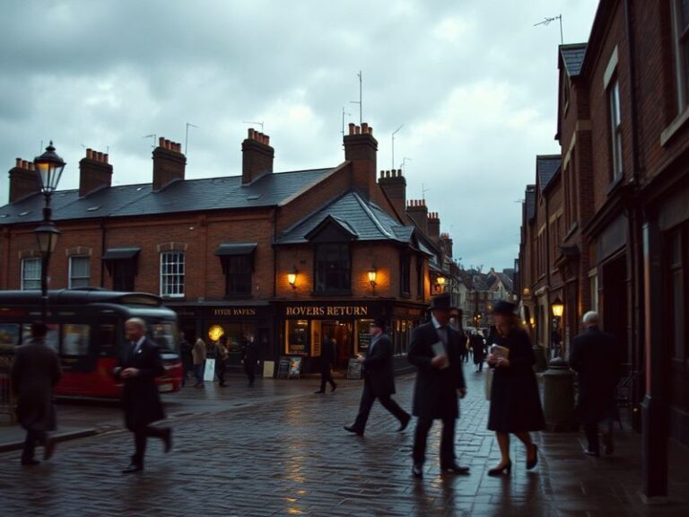 A vibrant still from Coronation Street featuring the iconic rooftop view of Coronation Street with characters gathered outsid