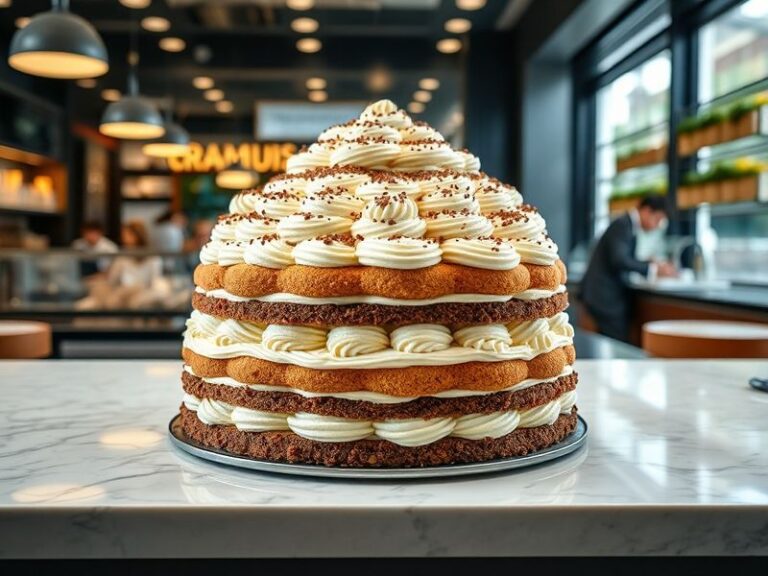 A vibrant overhead shot of a 32-meter tiramisu stretching across a bakery floor, with layers of coffee-soaked ladyfingers, ma