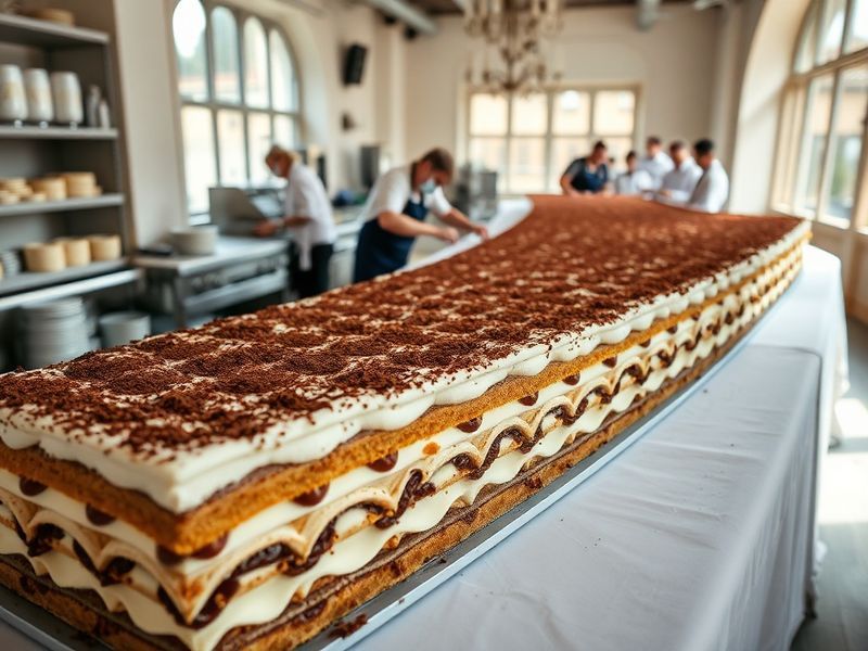 A vibrant image of a 12-foot-long tiramisu stretched across a table in a bustling London food festival, with chefs slicing po