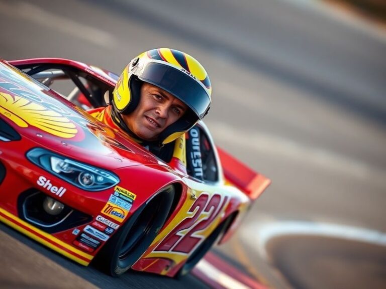 Joey Logano in his No. 22 Toyota, celebrating a victory at Homestead-Miami Speedway under bright lights, with his crew swarmi