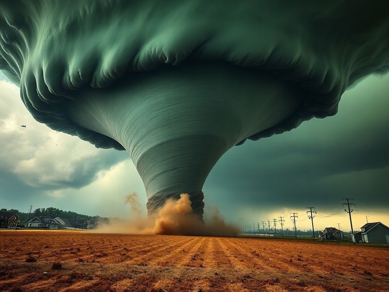 A dramatic image of a tornado touching down near a suburban neighborhood in Kansas City, with dark storm clouds swirling over