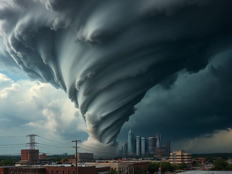 Aerial view of a Kansas City neighborhood after a tornado, showing damaged homes, downed trees, and emergency vehicles. The s