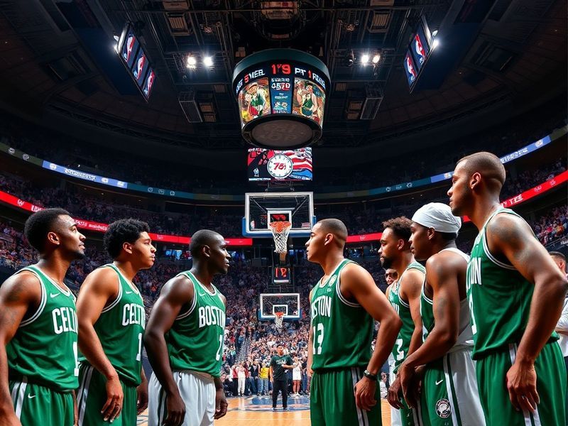 A high-energy NBA basketball game featuring the Boston Celtics and Philadelphia 76ers, with Jayson Tatum and Joel Embiid in m