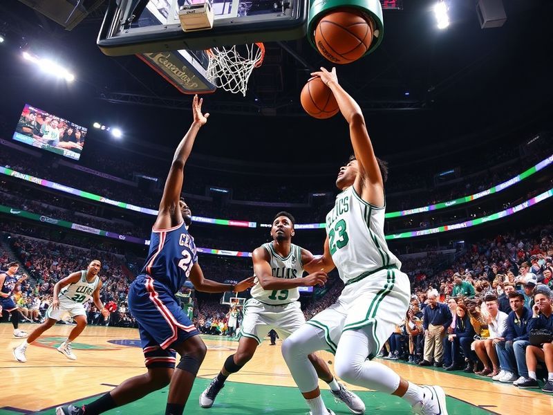 A split-screen image showing a Celtics player in green and white on one side, and a 76ers player in red, white, and blue on t
