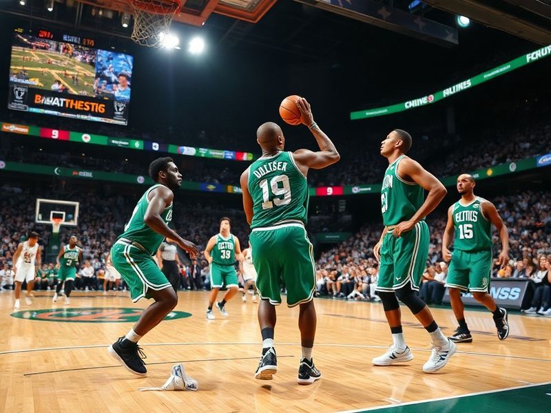 A vibrant arena scene at TD Garden during a Celtics game, with fans in green jerseys, the iconic parquet floor visible, and i