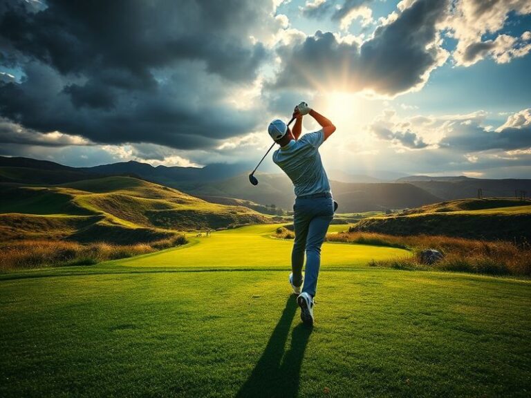 A focused golfer in mid-swing on a lush green course, surrounded by fellow professionals in the background. The setting is a