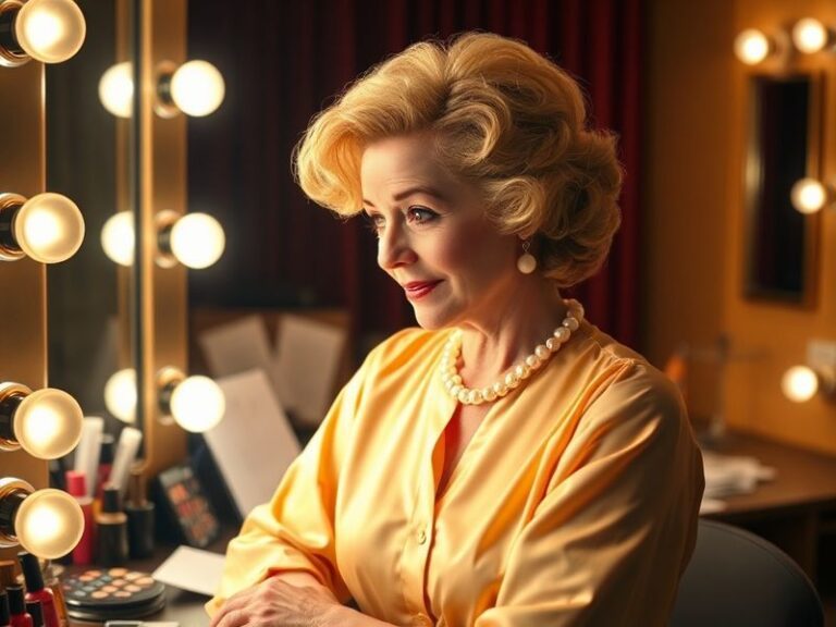 A vibrant photo of Christine Ebersole on stage, mid-performance in a glittering costume, with a Broadway marquee in the backg