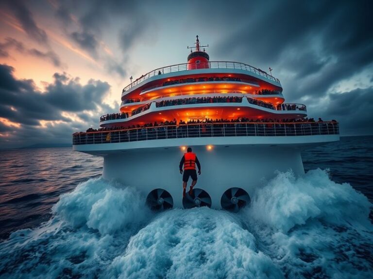 A dramatic scene of a cruise ship cutting through icy Norwegian waters at dusk, with a lone rescue helicopter in the distance
