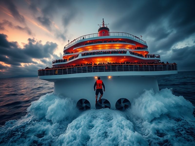 A dramatic scene of a cruise ship cutting through icy Norwegian waters at dusk, with a lone rescue helicopter in the distance