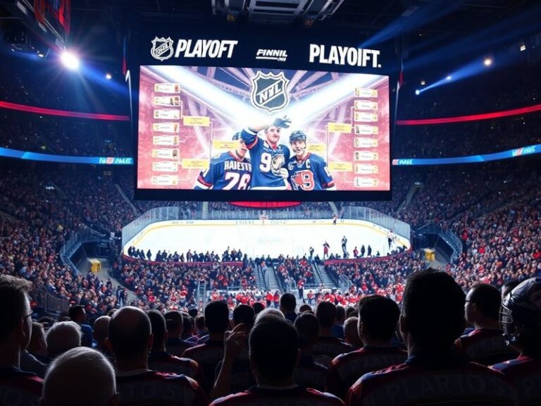 A dynamic image of an NHL playoff bracket on a jumbotron screen, with hockey players celebrating on ice in the background. Th