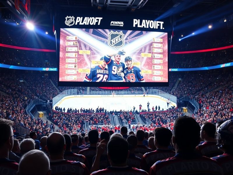 A dynamic image of an NHL playoff bracket on a jumbotron screen, with hockey players celebrating on ice in the background. Th