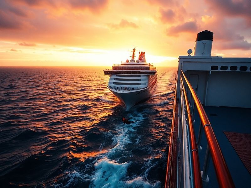 A dramatic aerial view of a cruise ship cutting through deep blue Mediterranean waters under a clear sky, with a lone helicop