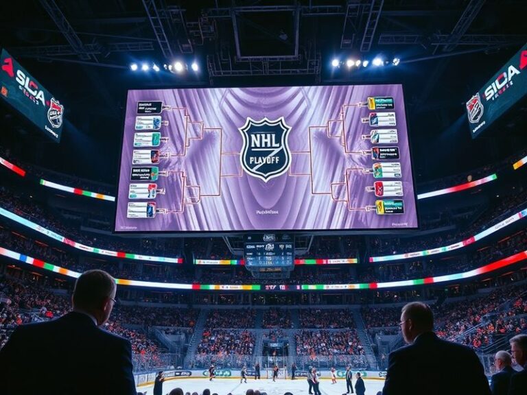 A split-screen image showing a packed NHL arena during a playoff game on one side and a close-up of a player hoisting the Sta