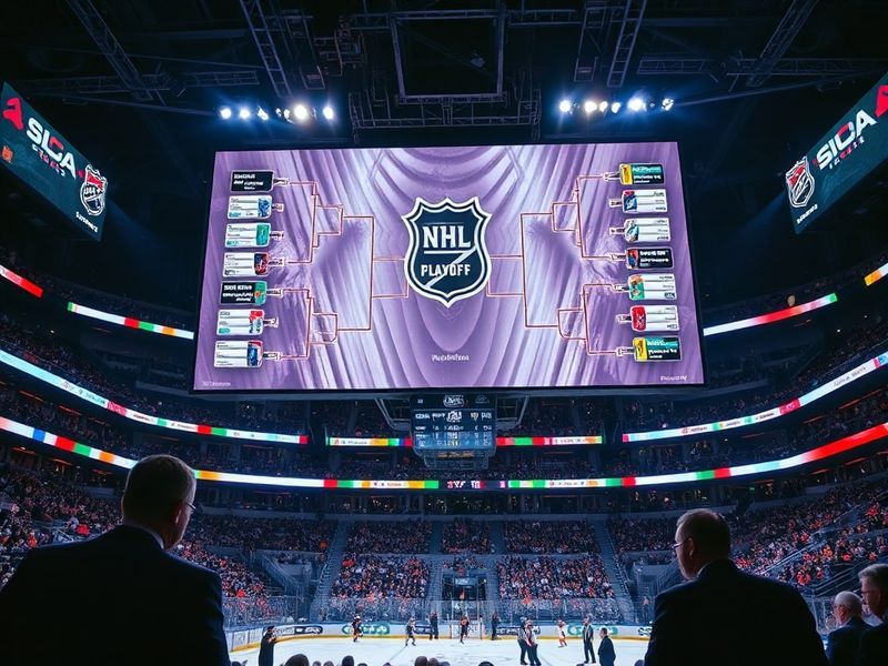 A split-screen image showing a packed NHL arena during a playoff game on one side and a close-up of a player hoisting the Sta