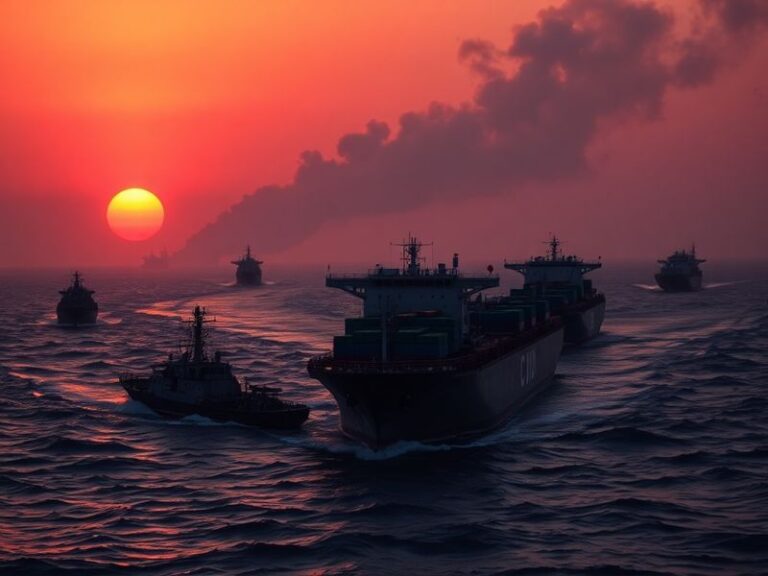 Aerial view of the Strait of Hormuz at dusk, showing oil tankers and military vessels, with Iran and Oman’s coastlines in the