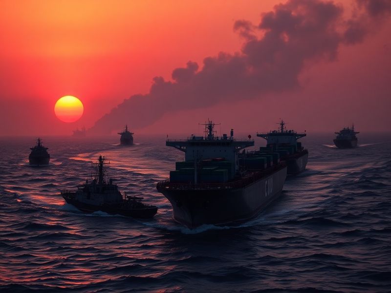 Aerial view of the Strait of Hormuz at dusk, showing oil tankers and military vessels, with Iran and Oman’s coastlines in the