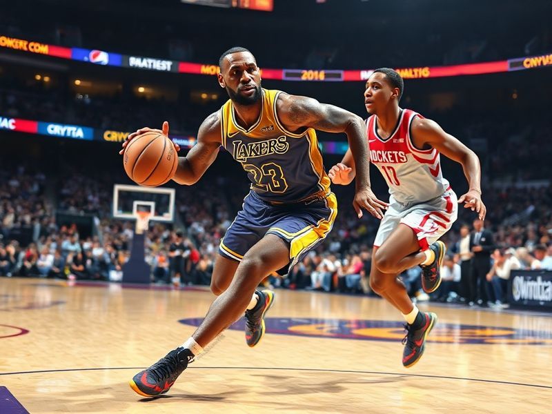 A dynamic NBA action shot showing Anthony Davis of the Lakers defending Jalen Green of the Rockets during a fast break, with
