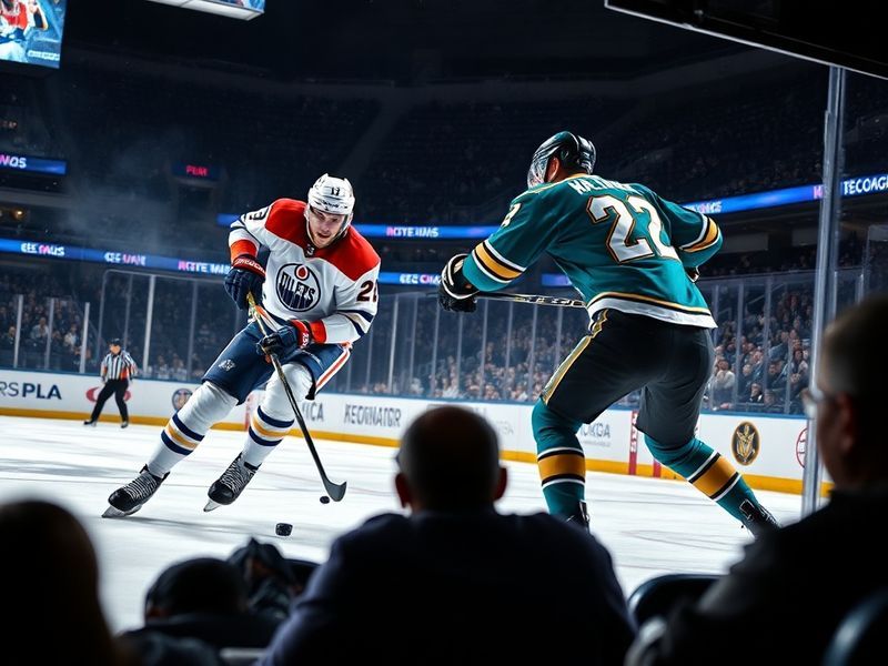 A high-energy NHL game between the Edmonton Oilers and Anaheim Ducks, featuring Connor McDavid and Trevor Zegras in action, w