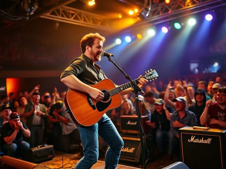 A candid shot of Riley Green Marshall performing on stage, dressed in a simple plaid shirt and jeans, with a vintage micropho