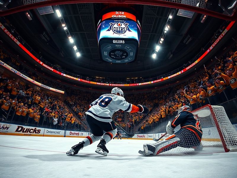 A split-screen image showing the Edmonton Oilers' blue-and-orange colors on the left and the Anaheim Ducks' black-and-gold on