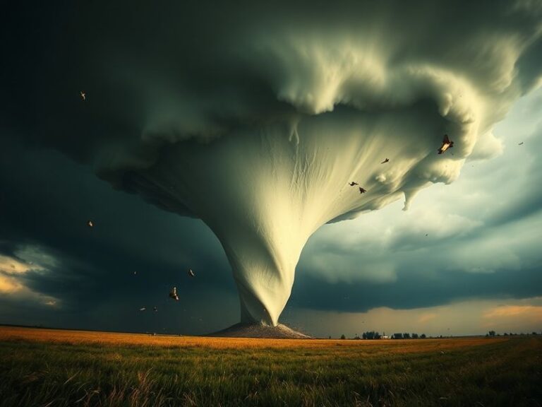 A dramatic scene of a tornado approaching a suburban neighborhood in Columbia, Missouri, with dark storm clouds and debris fl