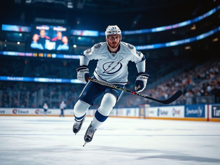 A dynamic action shot of Nikita Kucherov in a Tampa Bay Lightning uniform, mid-play with a focused expression, showcasing his