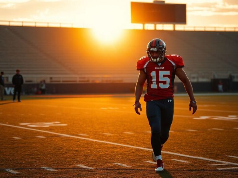 A dynamic action shot of Travis Hunter mid-play in a football uniform, with a blurred track background to symbolize his dual-