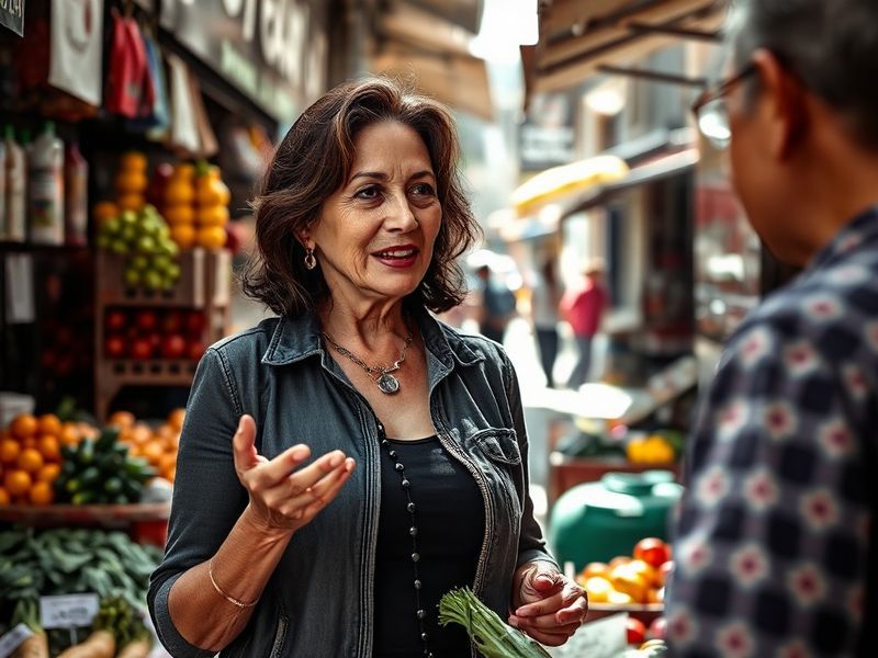 A professional portrait of Lorena Herrera in her 50s, wearing a stylish yet elegant outfit, standing in a warmly lit studio w