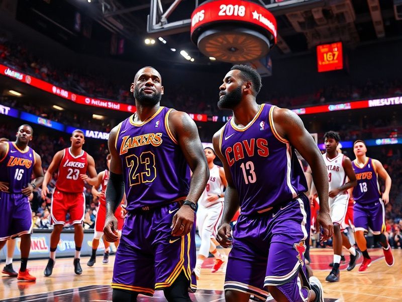 A split-screen image showing LeBron James and Jalen Green in action during the game, with the scoreboard in the background an