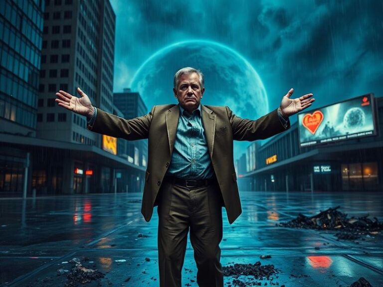 A split-screen image: on the left, Stuart from Red Dwarf looking exhausted in a spacesuit; on the right, a chaotic modern cit