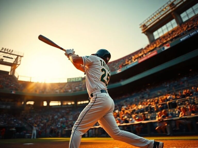 Fernando Tatis Jr. in his San Diego Padres uniform, mid-swing with a powerful follow-through, bat blurred from speed, stadium