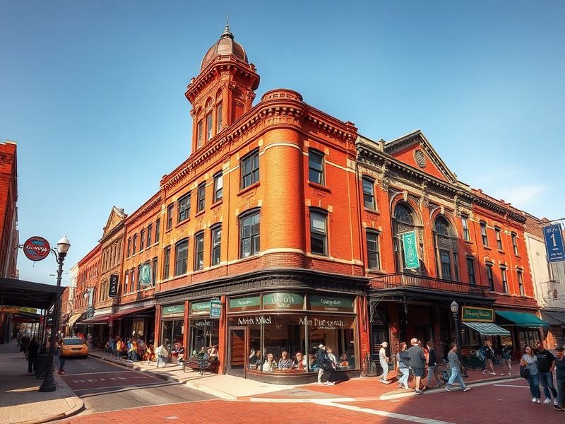Aerial view of Joplin’s downtown with historic buildings, green spaces, and the rebuilt St. John’s Medical Center under a bri