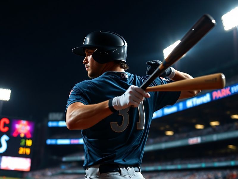 Fernando Tatis Jr. in mid-swing during a game, wearing the San Diego Padres uniform, with a focused expression and the stadiu