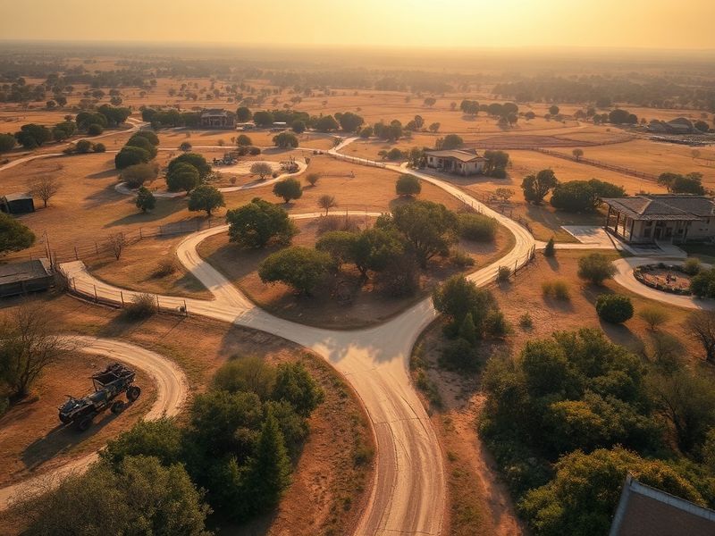 A wide-angle view of Neverland Ranch’s sprawling estate, showing the Spanish-style mansion, amusement park rides, and overgro