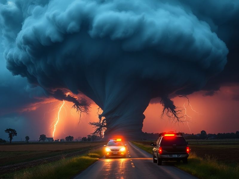 A dramatic nighttime scene showing a large, wedge-shaped PDS tornado illuminated by lightning, with debris flying and emergen