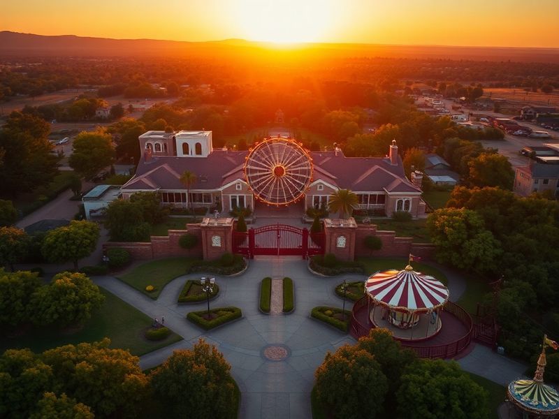 Aerial view of Neverland Ranch in its heyday, showing the sprawling estate with its amusement park rides, zoo, and lush garde