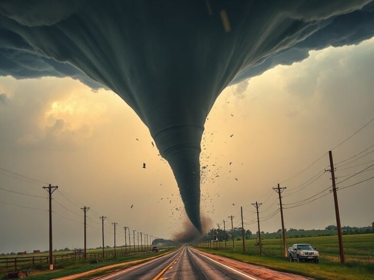A dramatic scene showing a large, destructive tornado approaching a rural community at dusk, with dark storm clouds looming o