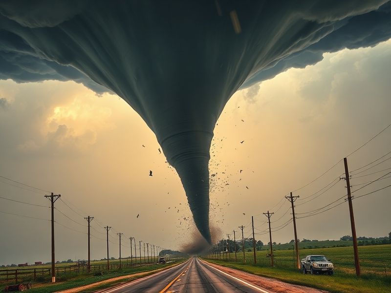 A dramatic scene showing a large, destructive tornado approaching a rural community at dusk, with dark storm clouds looming o