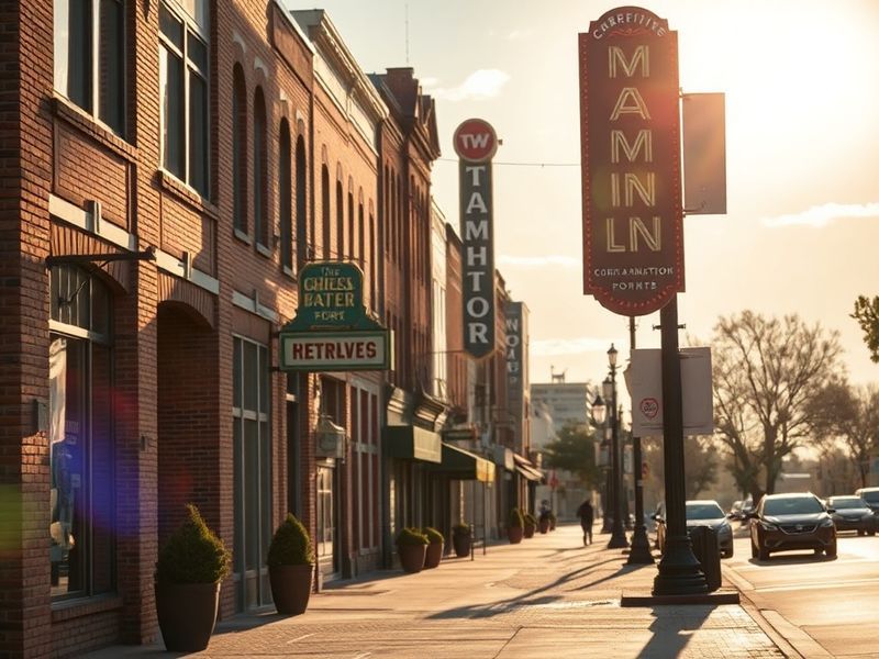 A vibrant daytime scene of Joplin's downtown revitalization featuring the historic Union Depot, modern storefronts, and bloom