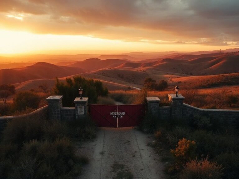 A wide-angle view of Neverland Ranch’s sprawling estate, showing the main house, train set, and amusement park rides under a