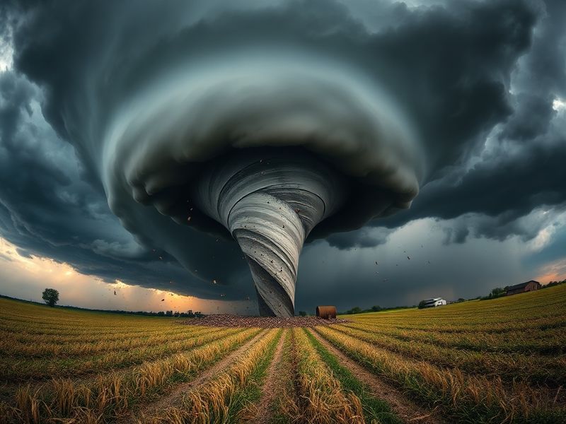 A radar image showing a large, destructive tornado with a visible debris cloud, set against a dark, stormy sky. The scene inc