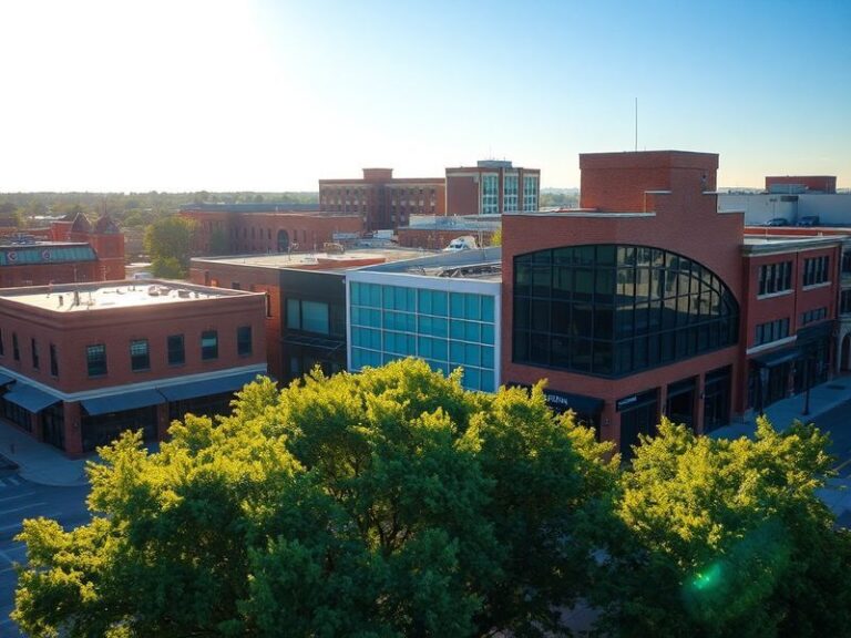 Aerial view of Joplin, Missouri, showcasing the rebuilt downtown area with modern buildings, green spaces, and the iconic Jop