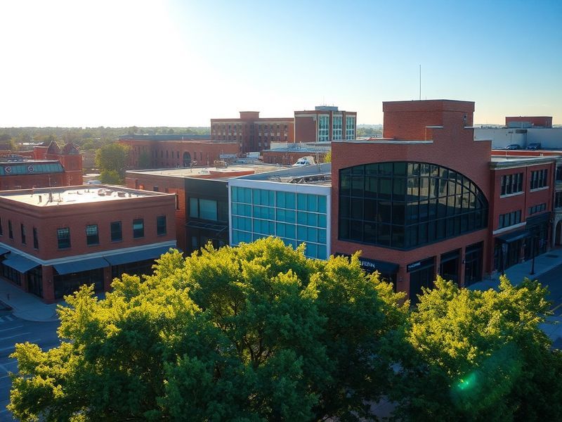 Aerial view of Joplin, Missouri, showcasing the rebuilt downtown area with modern buildings, green spaces, and the iconic Jop