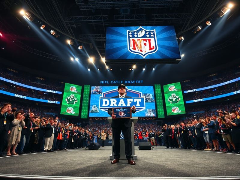 A split-screen image showing a general manager at a draft podium on one side and a rookie in a team jersey on the other, with