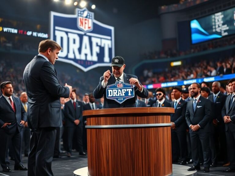 A split-screen image showing a first-round draft stage with a player in a suit and helmet on the left, and a late-round playe