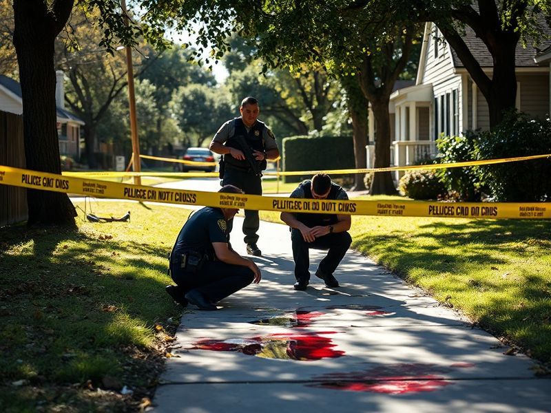 A somber evening scene of Austin's Sixth Street with police tape cordoning off an area, dim streetlights reflecting off wet p