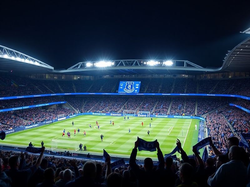 A panoramic view of Goodison Park on matchday, with a sea of blue and white fans creating a vibrant atmosphere under floodlig